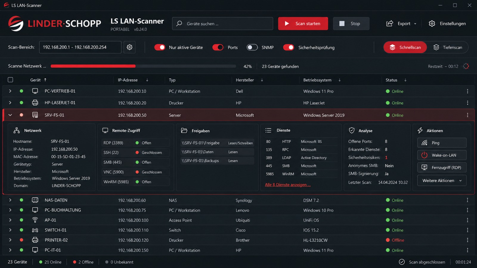LS LAN-Scanner mit Geräteliste, IP-Adressen, Online-Status und aufgeklappten Gerätedetails