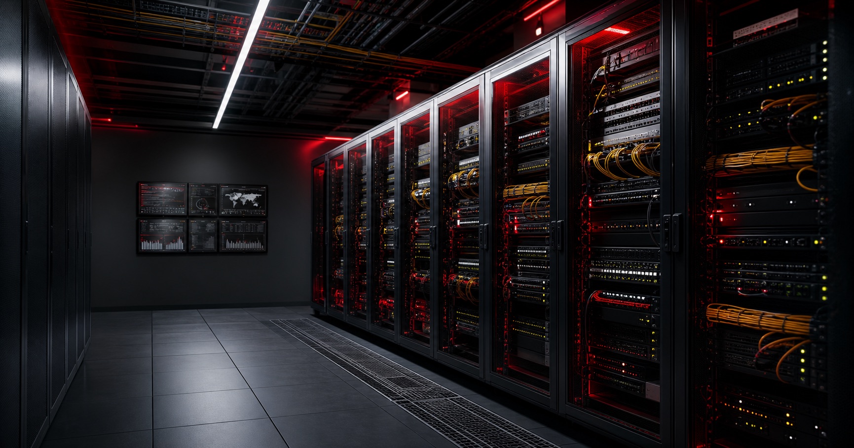 Moderner Serverraum mit Netzwerkverkabelung und Monitoring-Licht