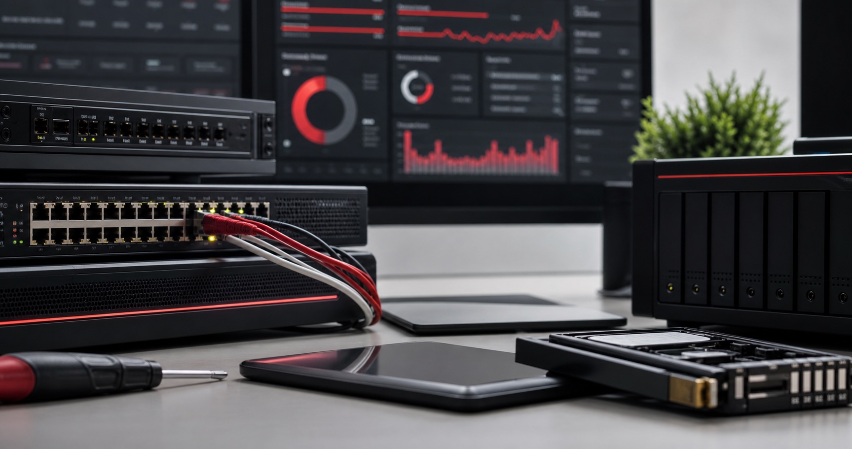 Technischer Arbeitsplatz mit Netzwerkhardware und Monitoring